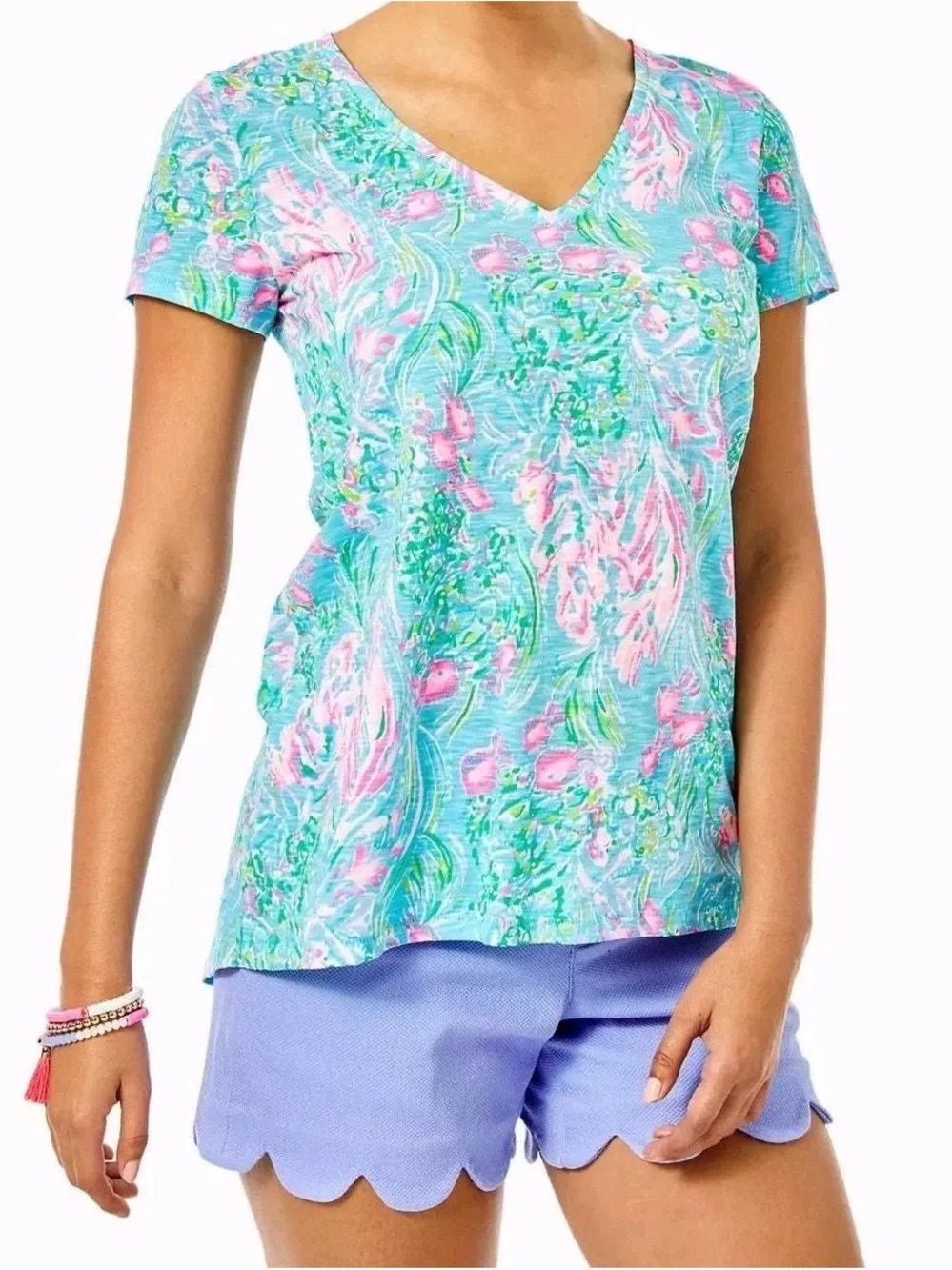 LILLY PULITZER Etta V-Neck Short Sleeve Top in Amalfi Blue Print